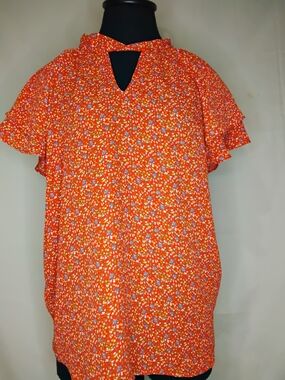Women's Red Floral Keyhole Blouse with Flutter Sleeves